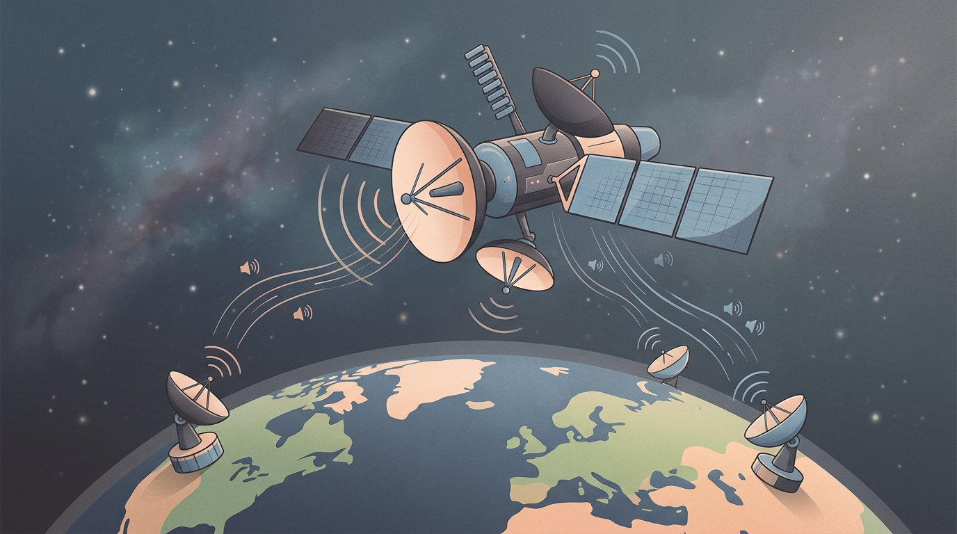 Illustration of a satellite broadcasting to receiver dishes around the globe