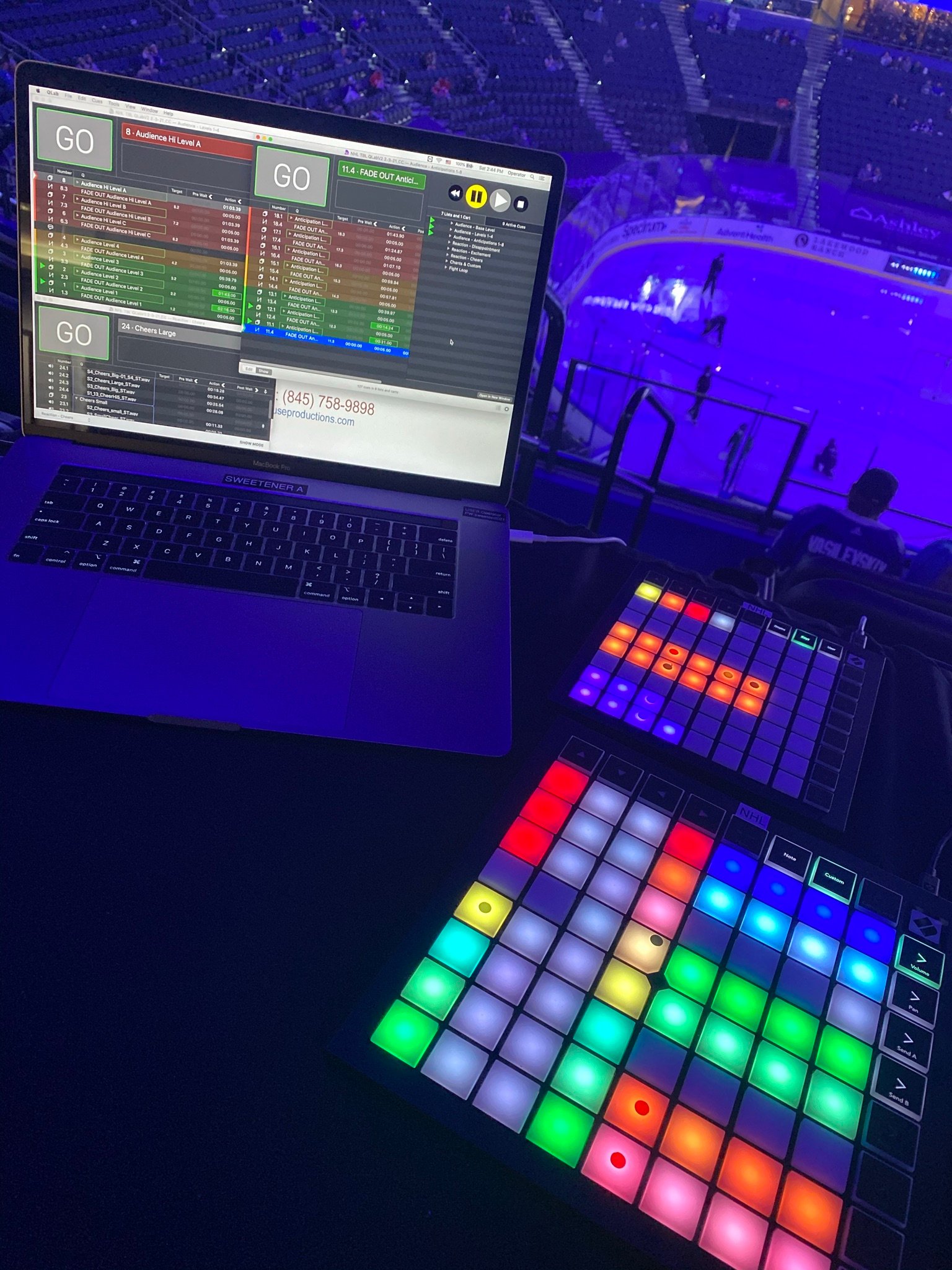 Sound sweetener rig glowing under purple pregame lighting at Amalie Arena
