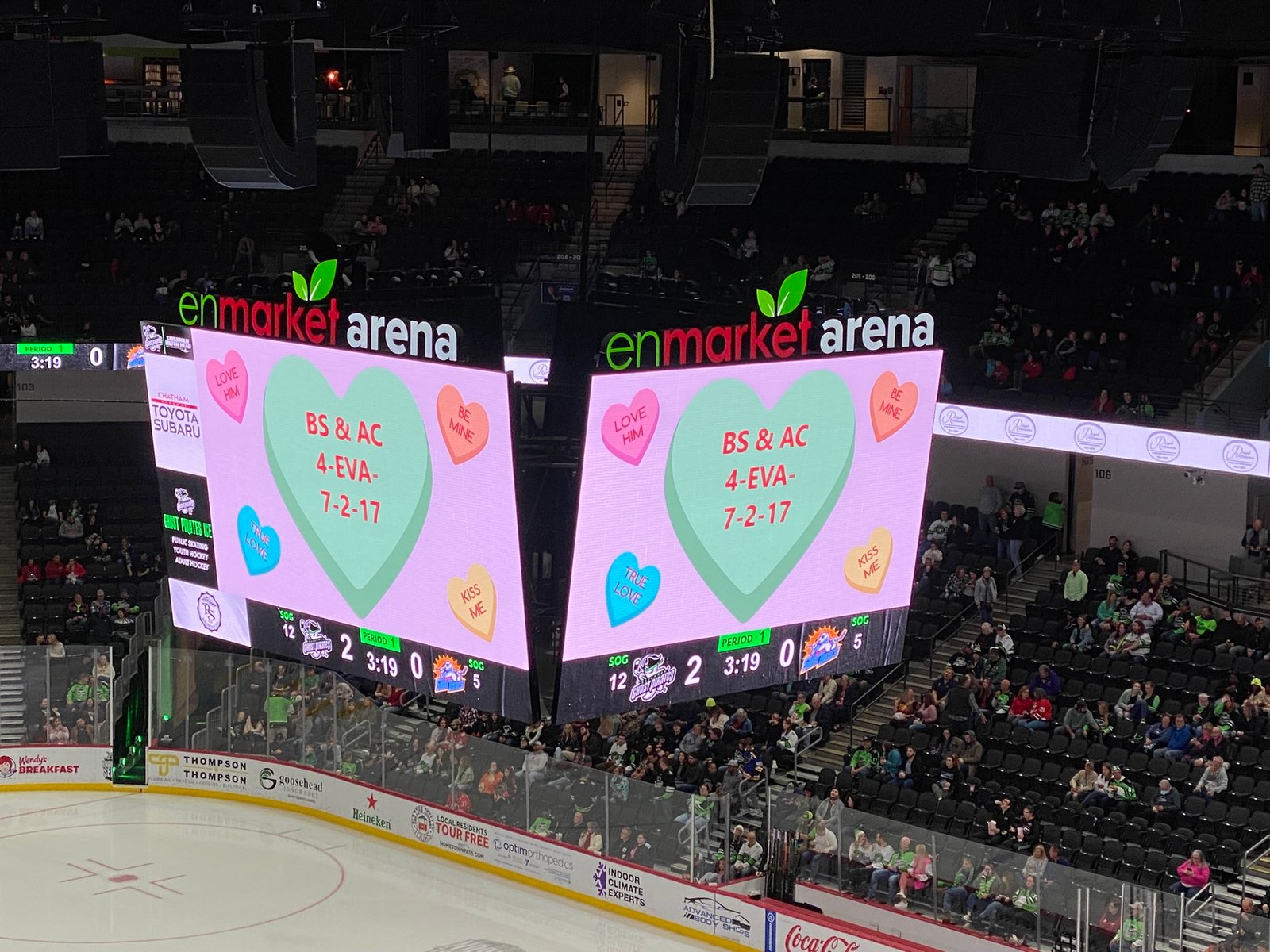 Conversation Hearts theme night at a Ghost Pirates game